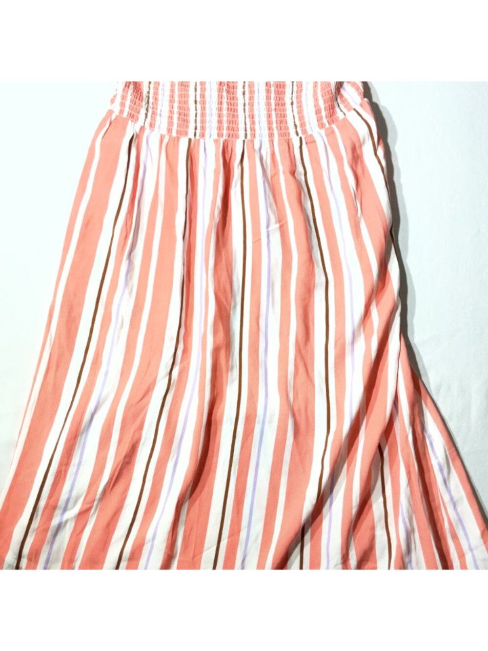 A new day Striped Coral & White Midi Dress size M With Ruffle Sleeves Smocked - Picture 8 of 11